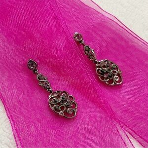 Vintage Liz Claiborne Drop Earrings Silver Tone Filigree Rhinestones Signed LC